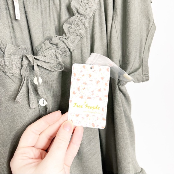 New with tag Women's Free People Army Sage Green Ruffled Button Lace Tie Blouse - Picture 13 of 16